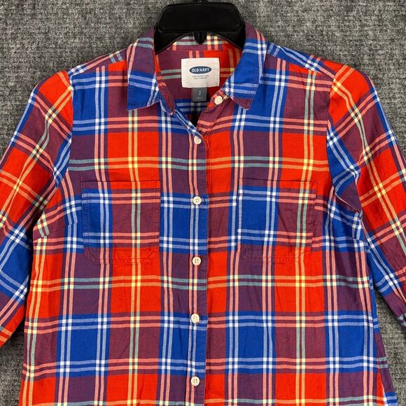 Old Navy Shirt Women Small Red Blue Classic Flannel Plaid Button-Up Chore Barn - Picture 3 of 11